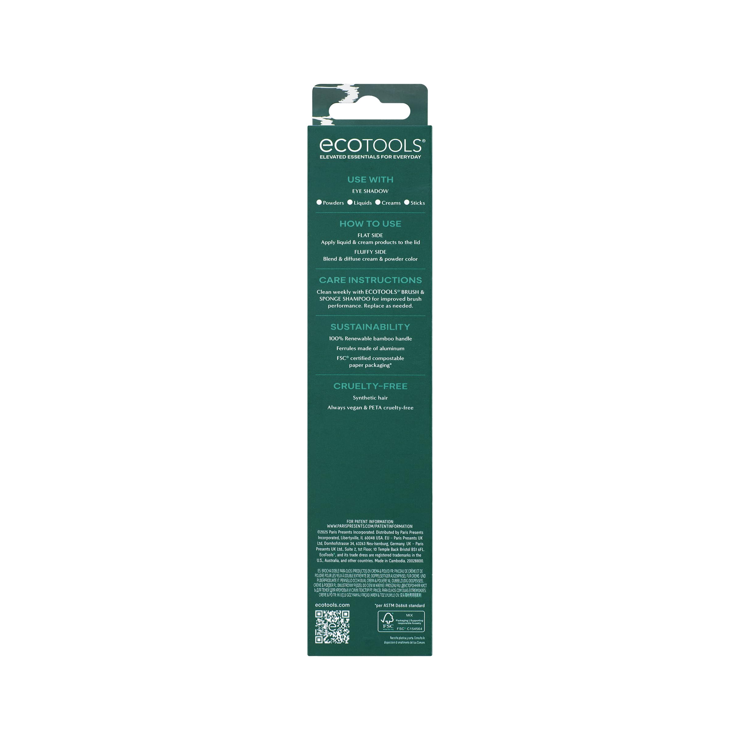 EcoTools Cream & Powder Dual-Ended Eye Brush, Flat & Fluffy Eyeshadow Brush for Packing, Blending & Full Eye Looks, Sustainable Makeup Tool, Vegan & Cruelty-Free, 1 Count
