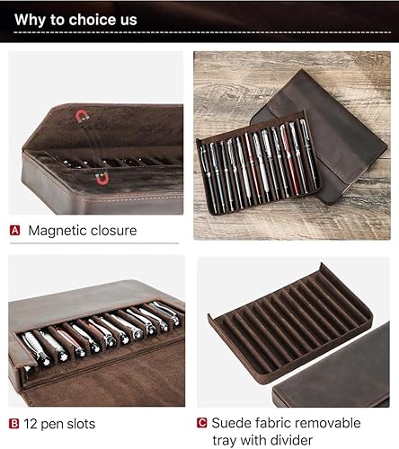 Miniatura 3 de Estuche de cuero 312 para bolígrafo, hecho a mano, estilo cajón, desmontable, estuche magnético para bolígrafos (12 marrones)..