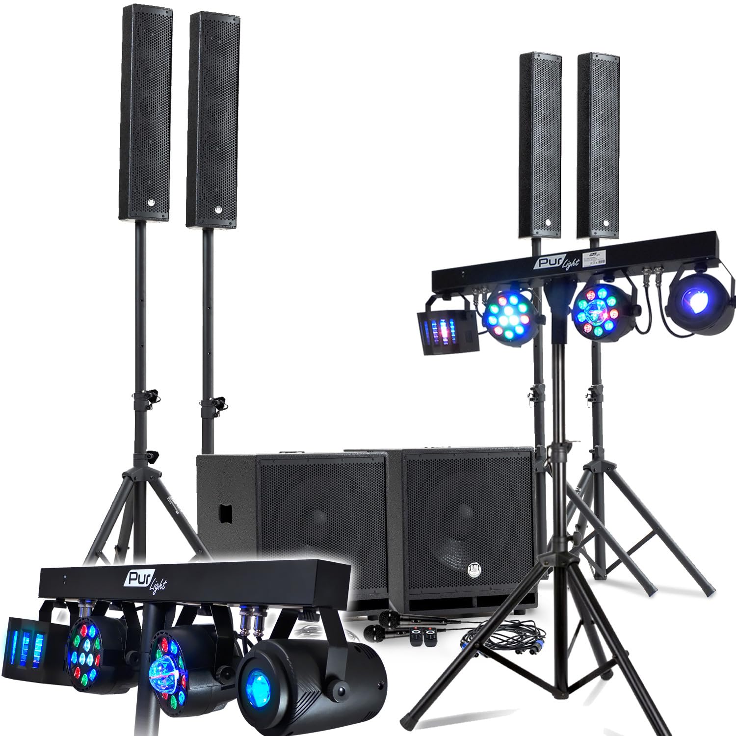 KIT Sono Complet 2400W DJ BM Bmsonic, 4 Enceintes Satellites, 2X Mega SUB 38cm USB/Bluetooth, Câbles, Micros, 2 PORTIQUES LUMIERES