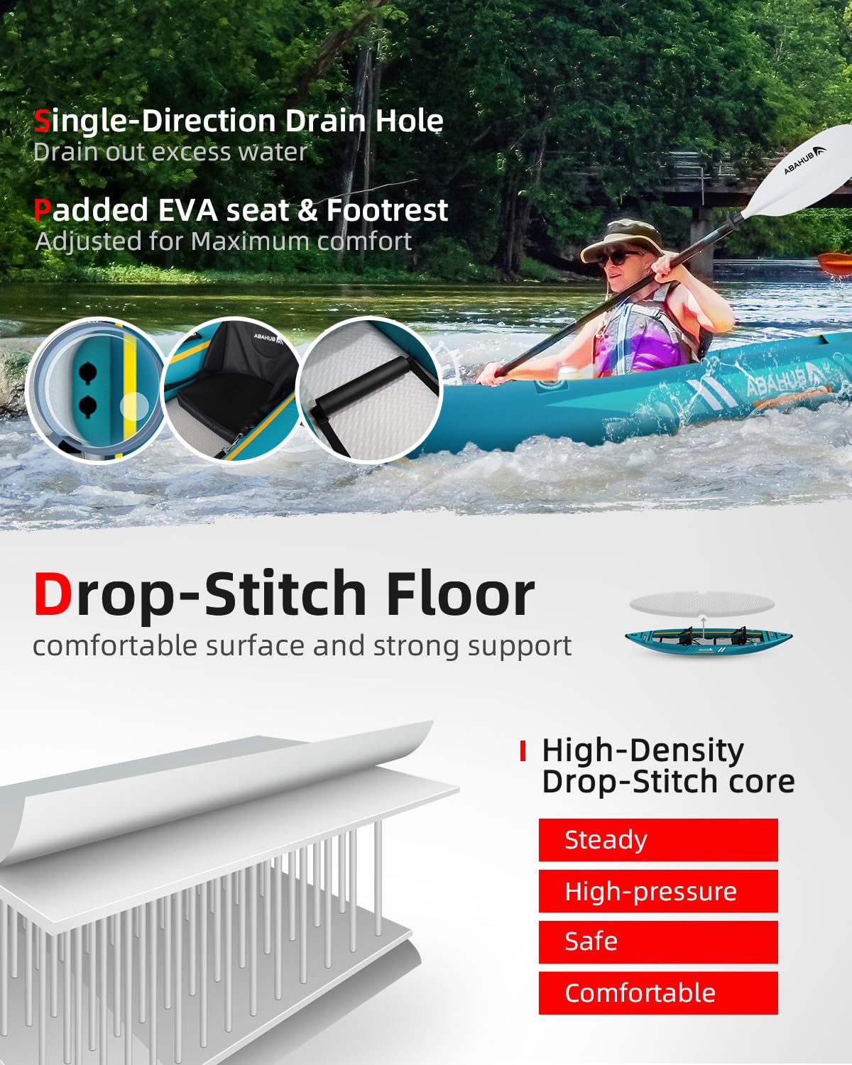 Abahub Kajak Aufblasbar 320cm/420cm Inflatable Kayak mit Kajak Paddel, Kajaksitz, Fußstütze, Handpumpe und Tasche für Kajakfahren Kanu Schlauchboot 1/2 Platz 320/420x89x23cm