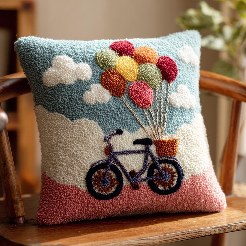 WallustrioaW Latch Hook Pillow Case Kits,Balloons on Bicycles,DIY Latch Hook Cushion Kits,Cross Stitch Embroidery Cushion Making Home Decor,43x43cm