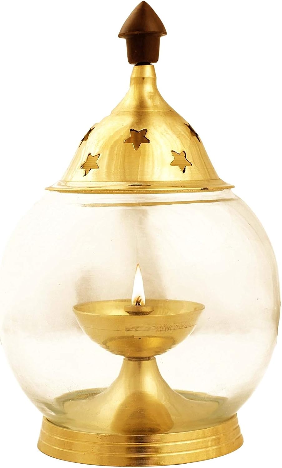 Homeglare Brass Diya Oil Lamp for Temple Pooja with Transparent Glass Cover Home