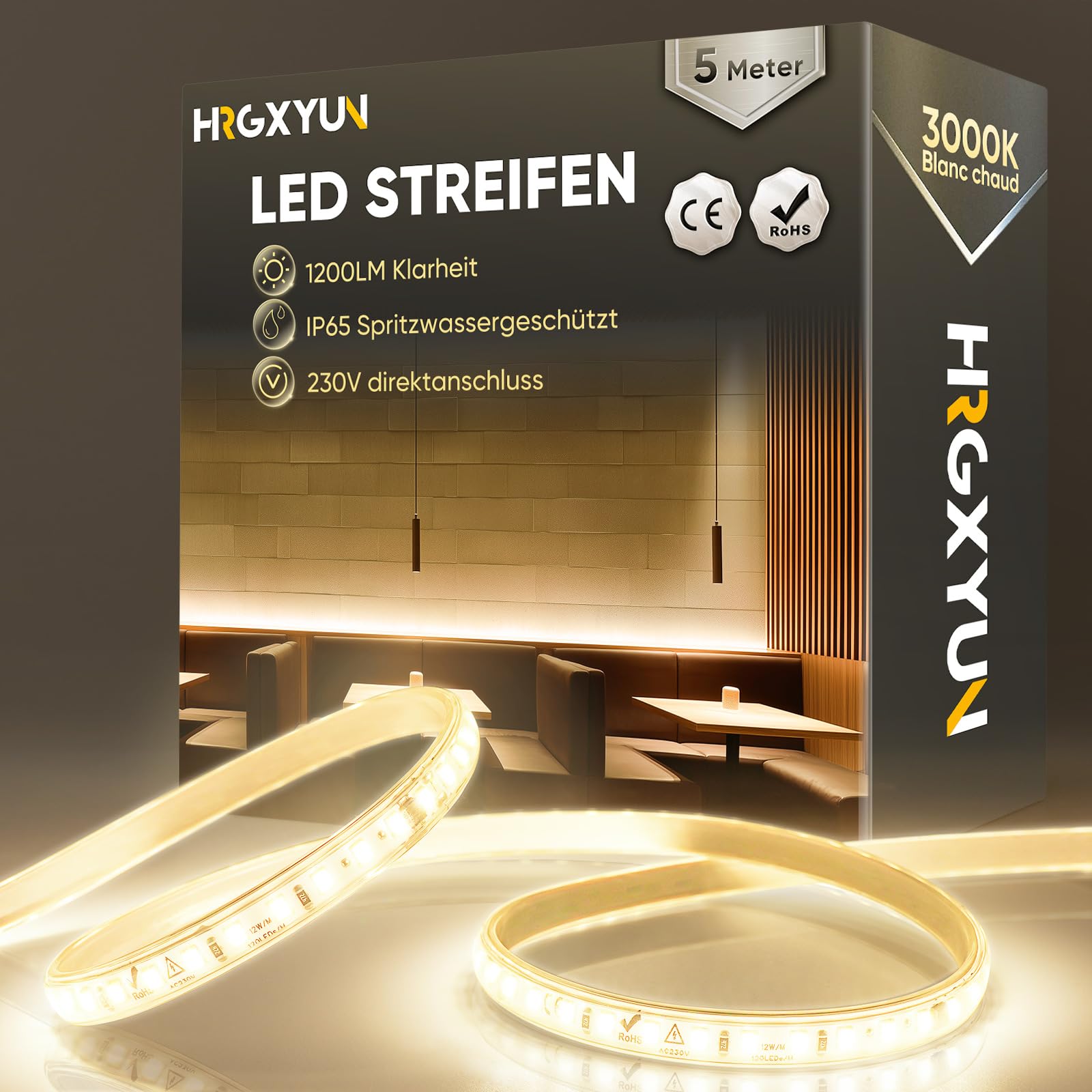 HRGXYUN 230V LED Streifen Aussen, SMD 2835 IP65 Wasserdicht, Bande LED Durchsichtig 1200LM Ohne Trafo Flexible Kürzbar für Zimmer und Außen Dekoration Beleuchtung, 3000K Warmweiß, 5m