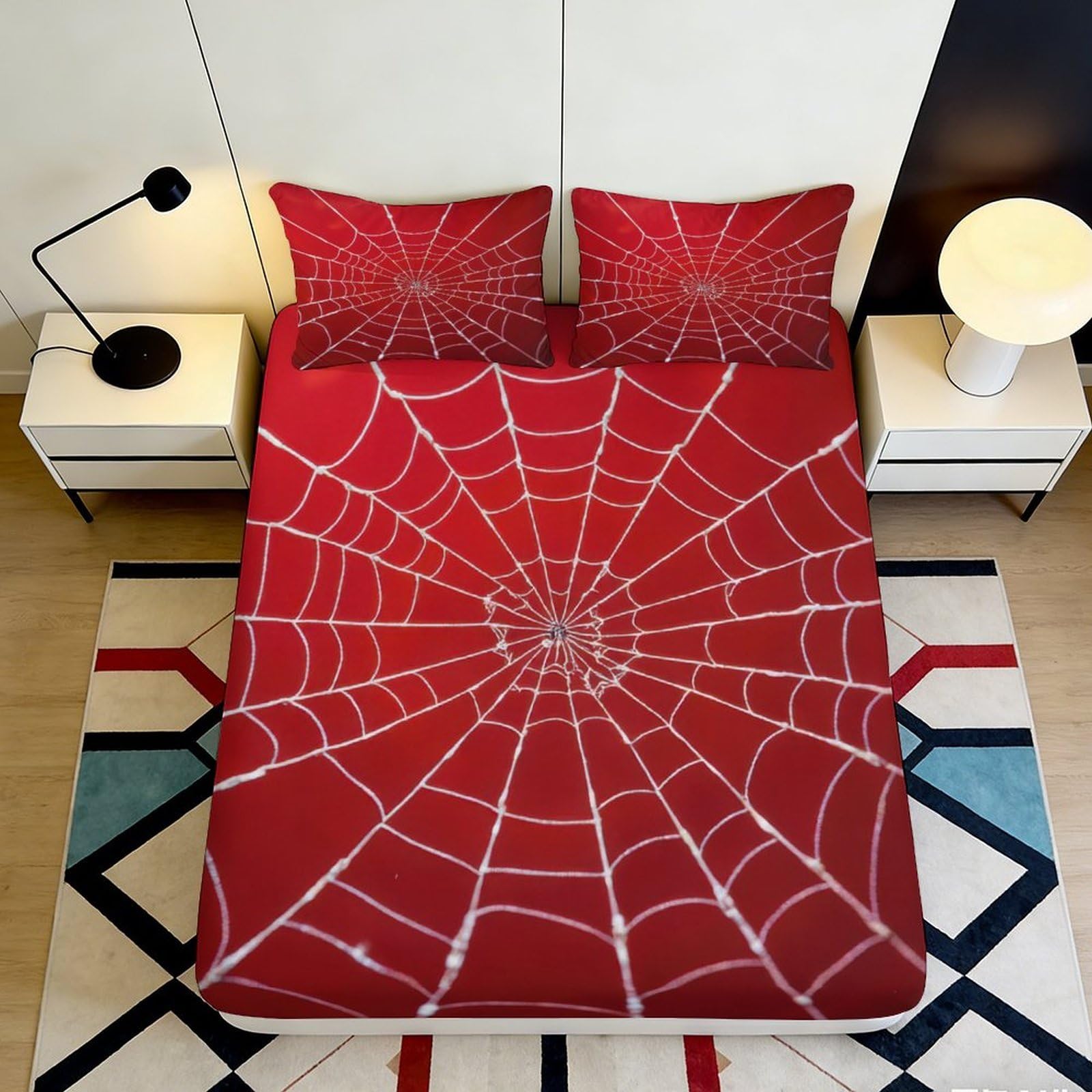 3D Printed Red Spider Web Fitted Sheet Microfiber Non Slip Bed Cover for Bedroom Dorm Guest Room Easy Care 90x200x25cm