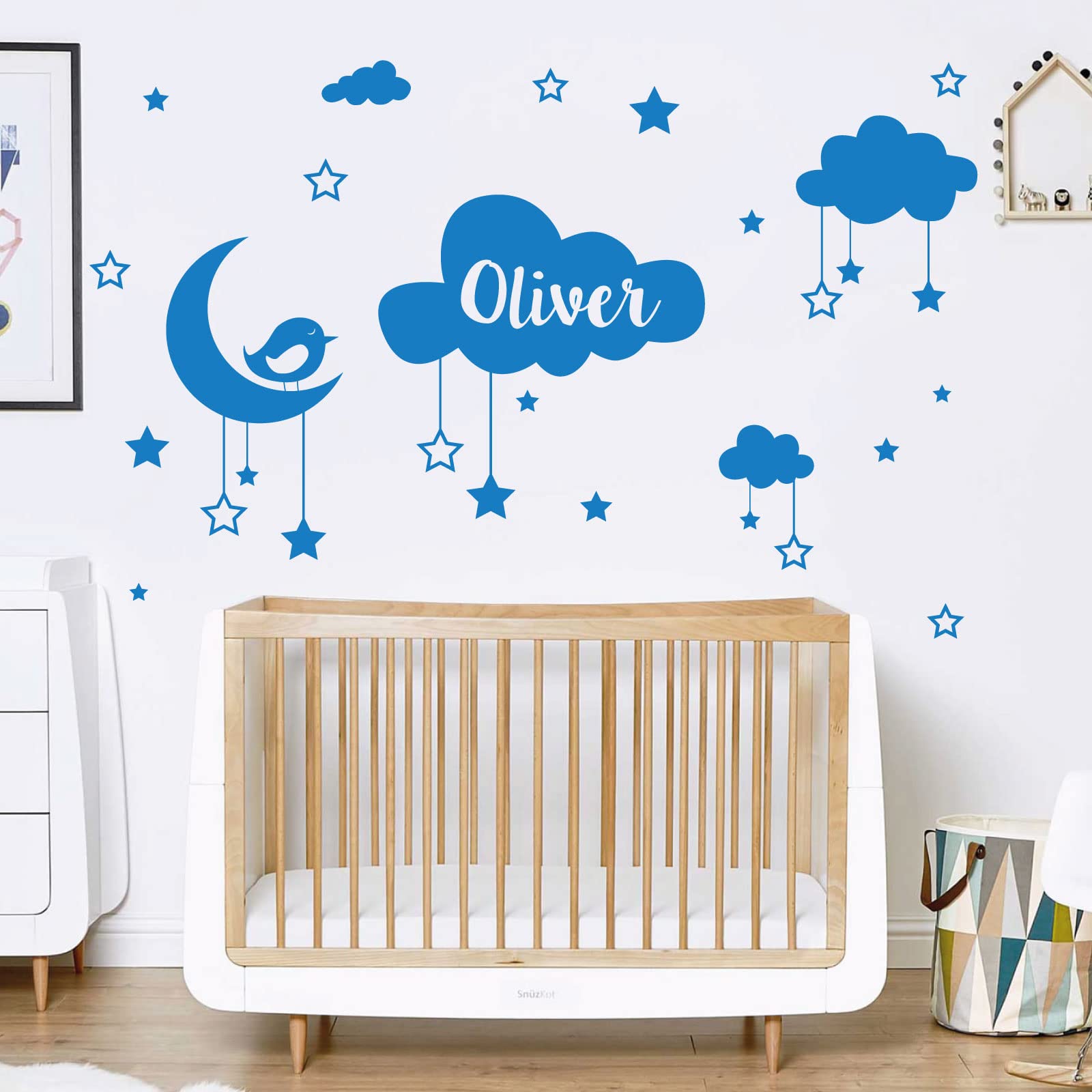 Personalised Name Baby Wall Sticker - Clouds, Stars, Moon & Bird [Large] [Ocean]