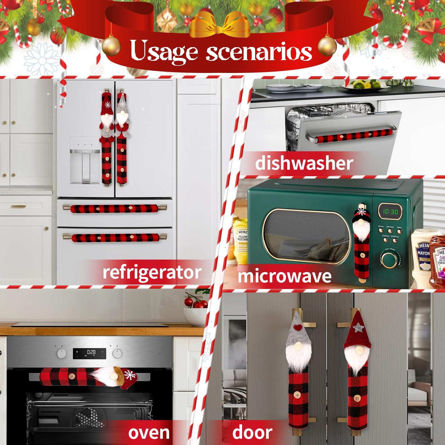 YIJXPOIN Christmas Refrigerator Handle Covers Set of 8, Buffalo Plaid Black and Red Gnome Kitchen Decorations Refrigerator Door Handle Covers for Fridge Microwave Oven Dishwasher Handle Protector