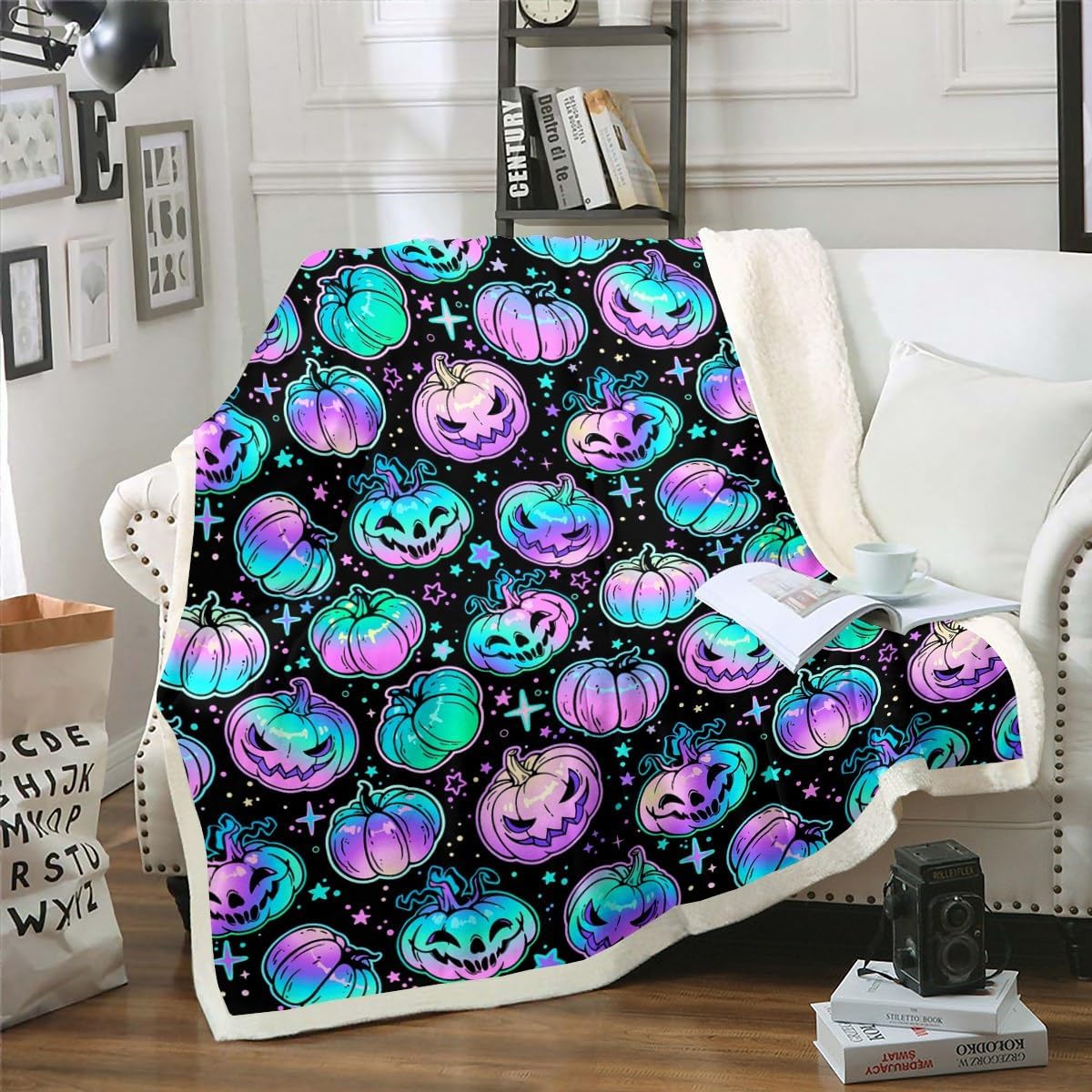 Halloween Pumpkin Decorations Gothic Halloween Throw Blankets Pumpkin Lights Fleece Blanket Spooky Horror Galaxy Stars Halloween Blanket 90"x90",Blue Purple Teal Halloween Decorations Indoor