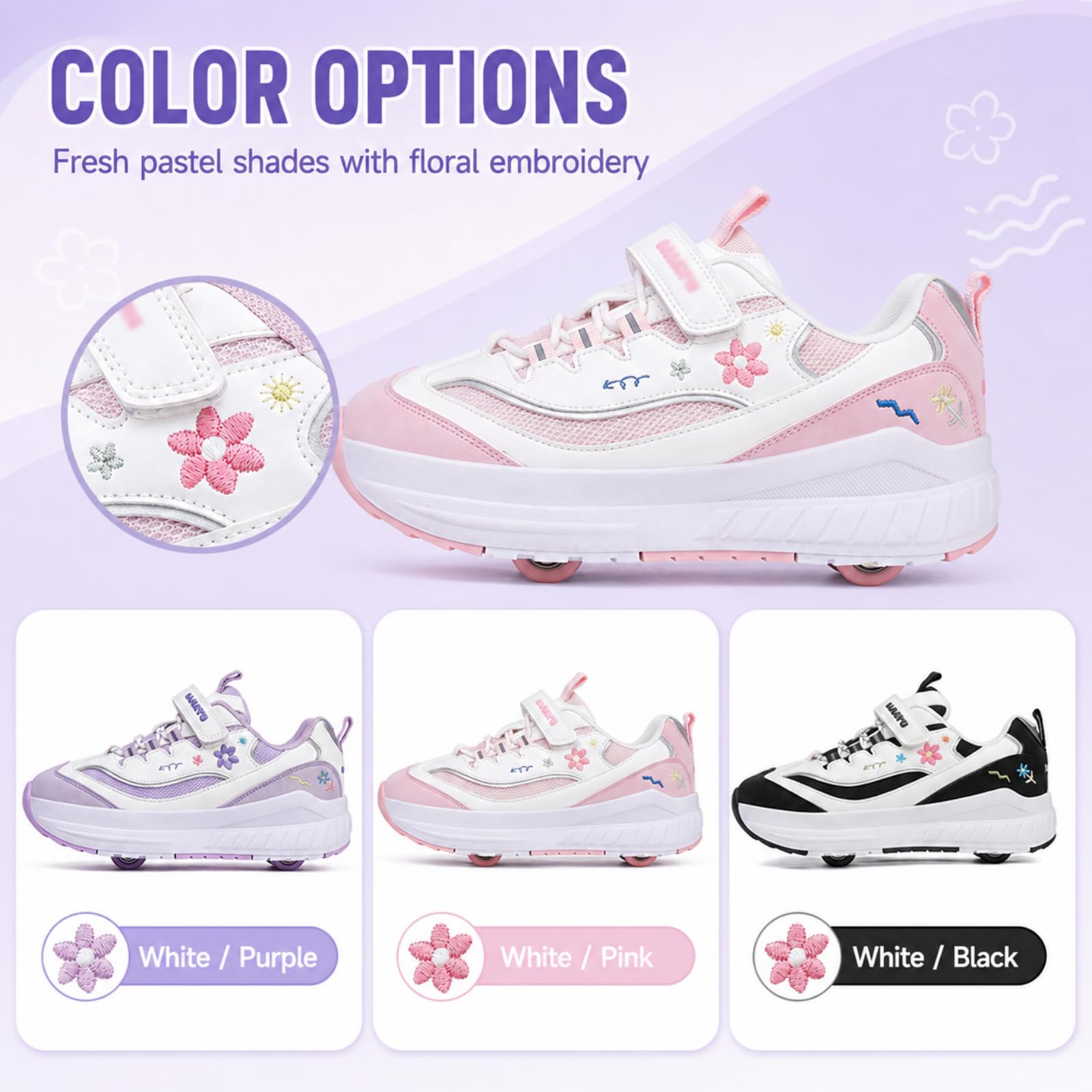 JJDFW Chaussures de patinage à roulettes 2 en 1 en maille respirante à LED pour fille avec 4 roues amovibles et broderie florale