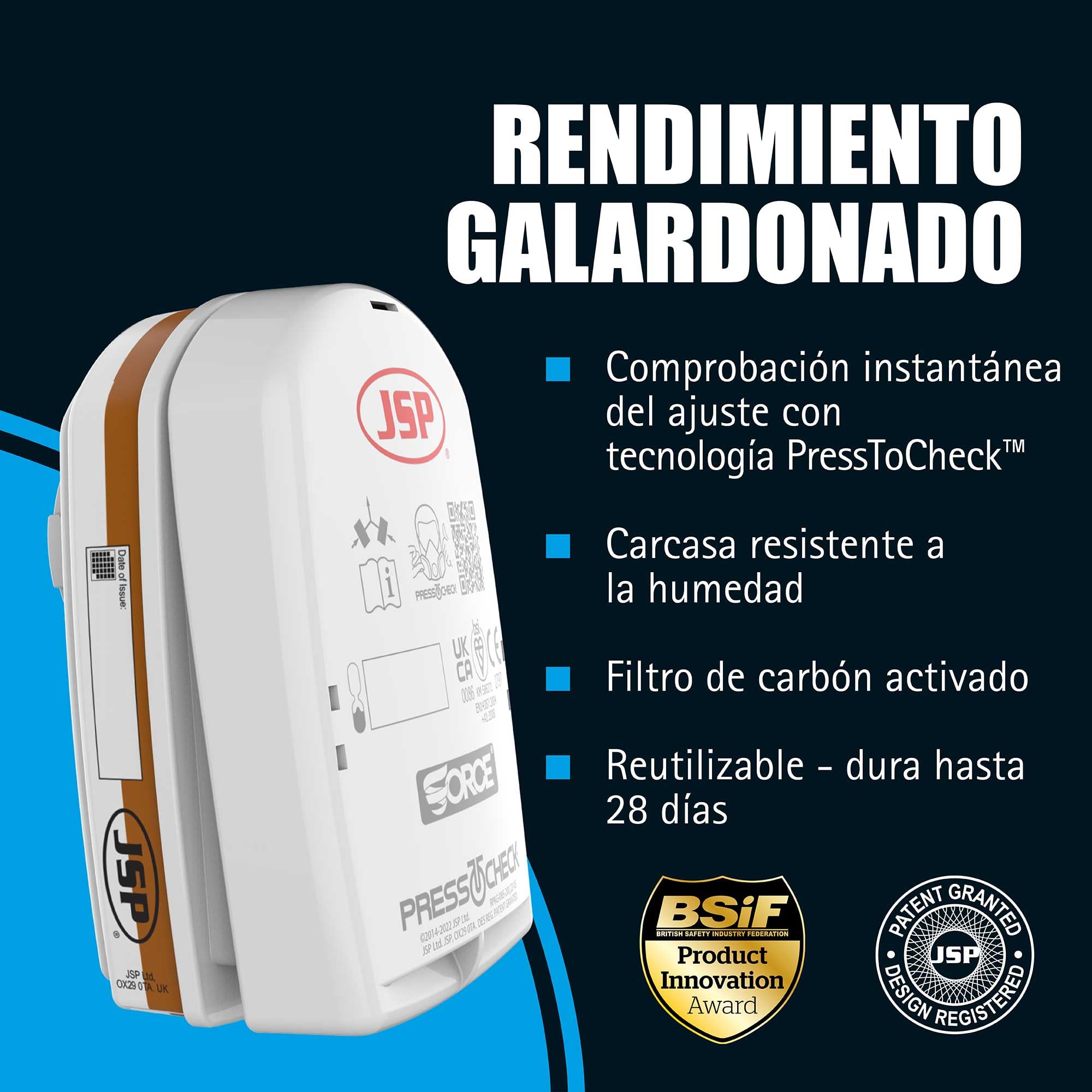 JSP FORCE 8 Semimáscara Respirador Reutilizable Filtros PressToCheck A2P3 | Protección pintura, disolventes, pesticidas, colas y polvo. Bricolaje e industria. UK. EN 140 & EN 14387.