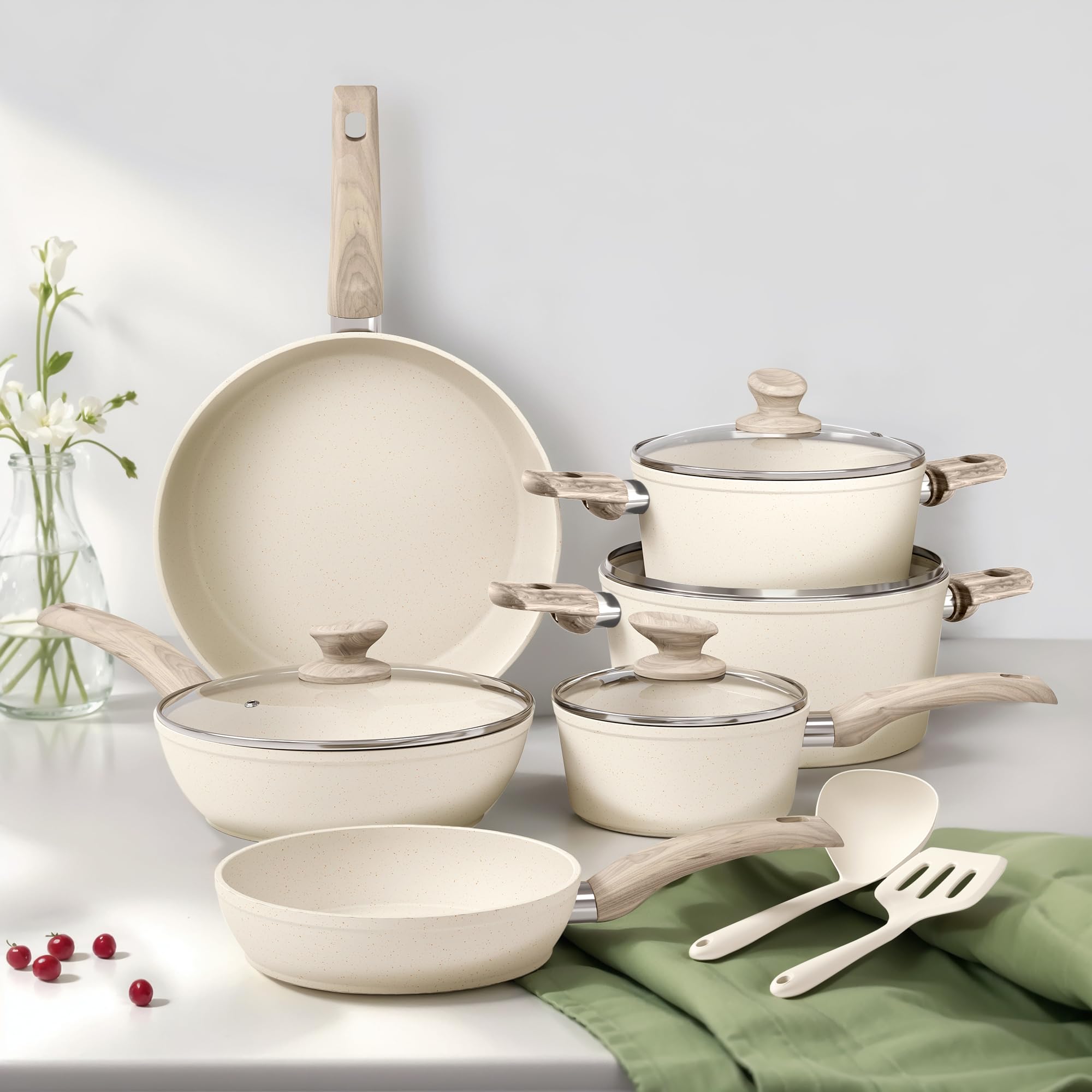 DishDelight Topfset Pfannenset Induktion Töpfe Set 12-teilige Granit-Antihaftbeschichtung Kochtopf Topf Pfannen für Induktionsherd Bratpfanne mit Glasdeckeln