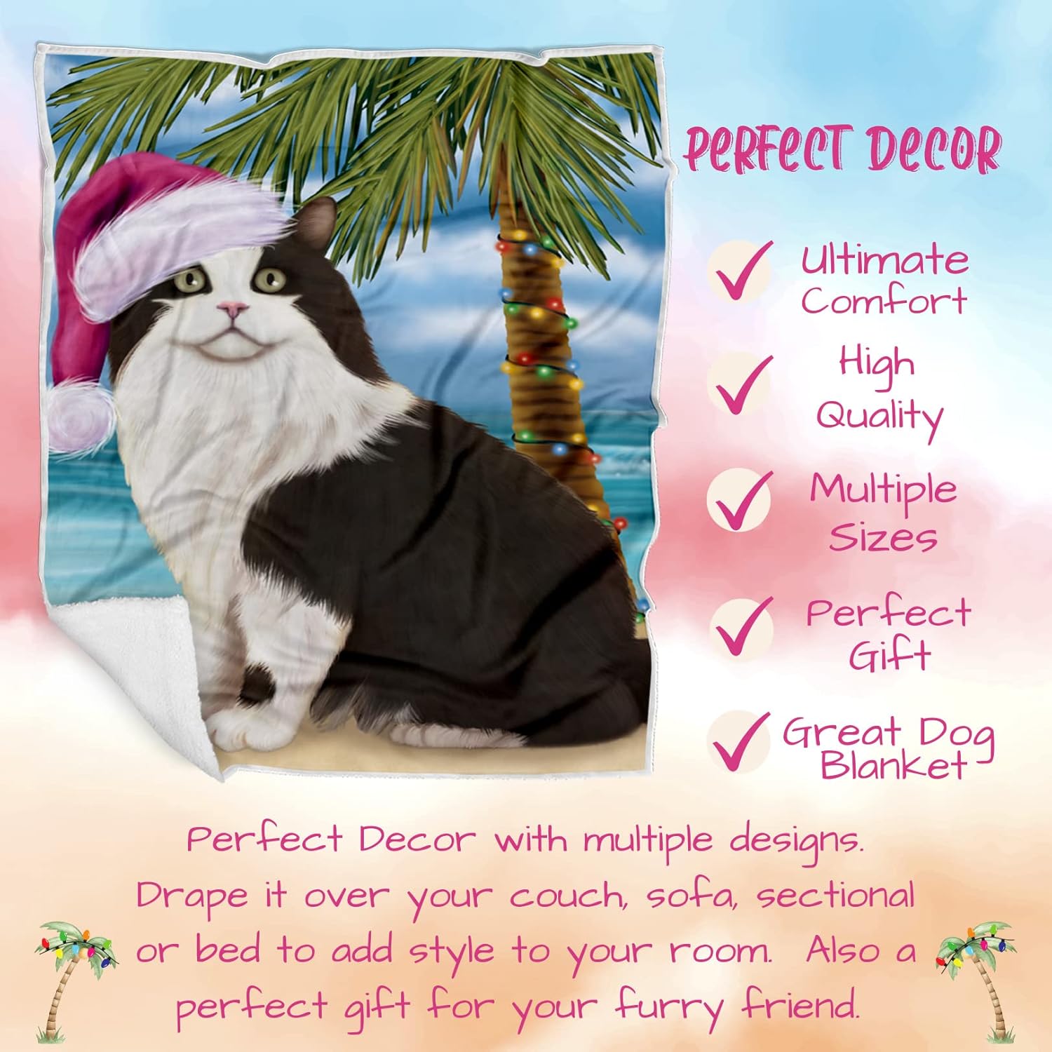Doggie of the Day Cymric Cat Blanket - Christmas Summertime Beach - Super Soft & Warm Pet Theme for Sofa or Bed, Warm Fleece, Sherpa or Woven Material, BLNKT87651 (30x40 Fleece)