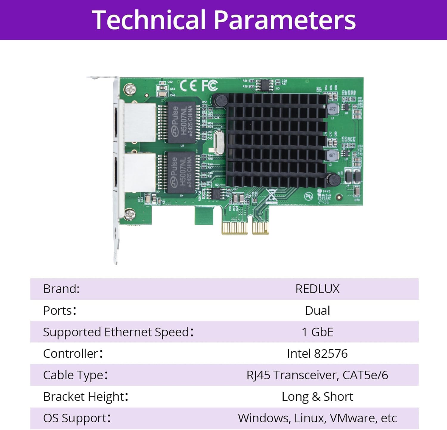 REDLUX Carte réseau PCI-e 10/100/1000 Mbps (NIC) avec puce Intel 82576EB, double ports RJ45, comparé à Intel E1G42ET, PCIE 2.0 X1, compatible Windows/Windows Server/Linux/Vmware Esxi