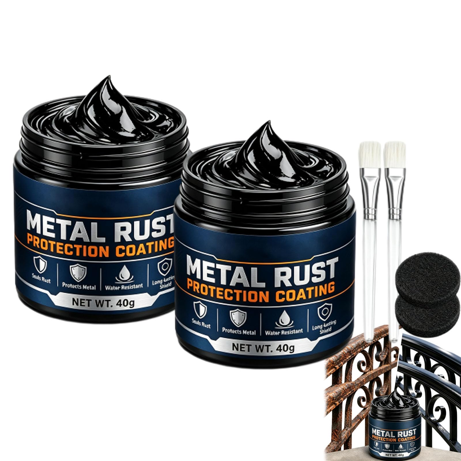 Metal Rust Protection Black Repair Paste, 1.4 fl oz - 3-in-1 Anti-Rust Coating for Vehicles, Fences, Tools, Railings, Storage Tanks & Furniture, Matt Black Finish，2PCS+2*Brush+Cleaning pad
