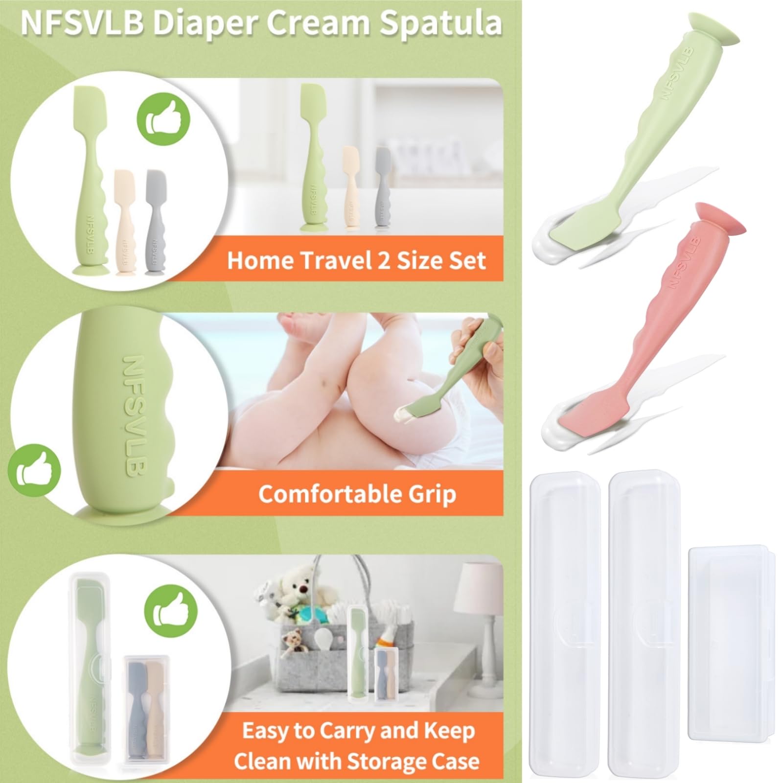 NFSVLB Diaper Cream Spatula with Case,2 Large 2 Mini Butt Paste Spatula with 3 Travel Case,Soft Baby Butt spatula Diaper Cream Applicator diaper Rash spatula Bum spatulas Brush (Green-White)