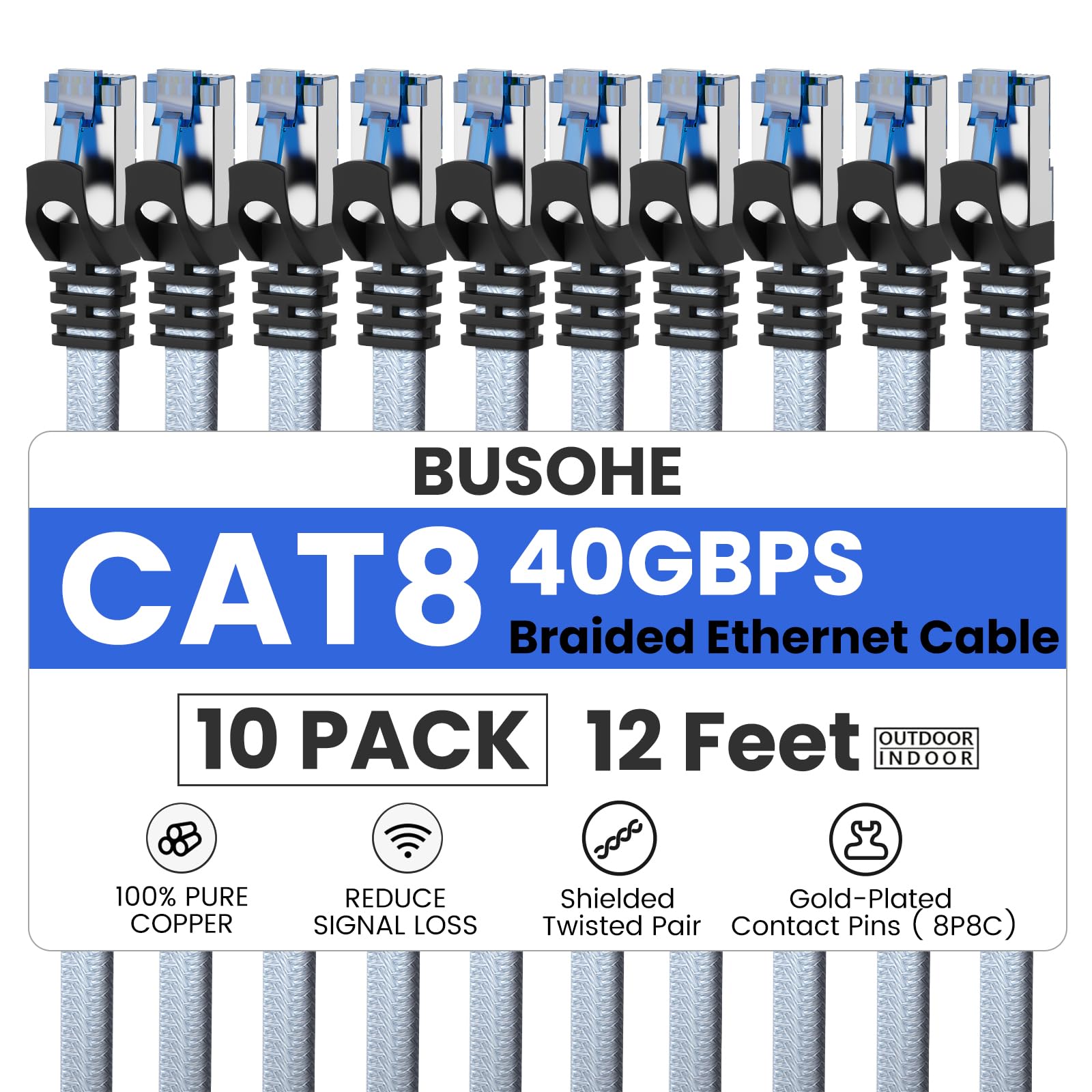 BUSOHE Cat 8 Ethernet Cable 12 FT 10 Pack Nylon Braided High Speed Heavy Duty Network LAN Patch