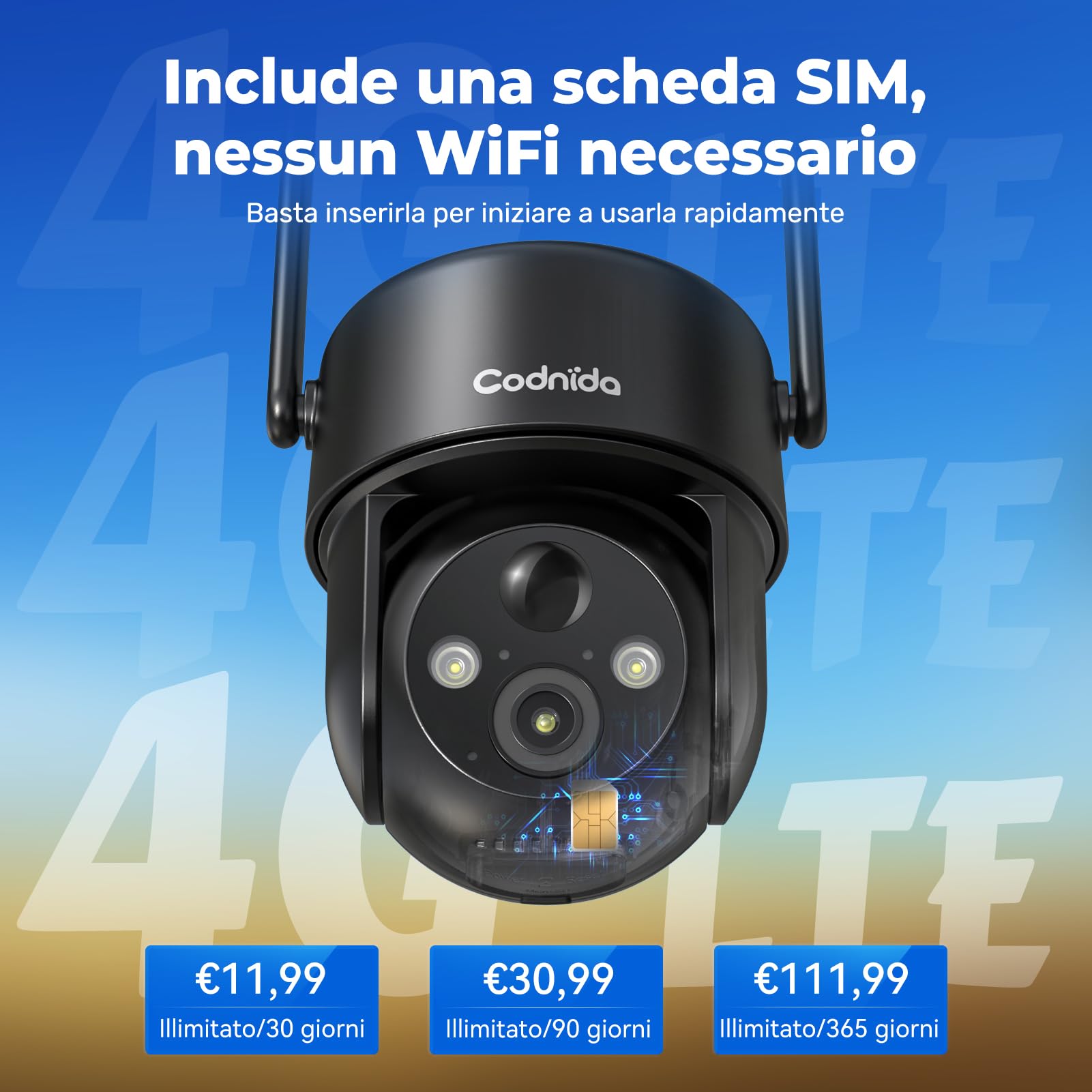 Codnida 4G Telecamera Esterno con Pannello Solare, 2K Telecamera Sanza Fili con Scheda Sim, 355° PTZ Videocamera Sorveglianza, Audio Bidirezionale, Rilevamento del Movimento, Visione Notturna a Colori