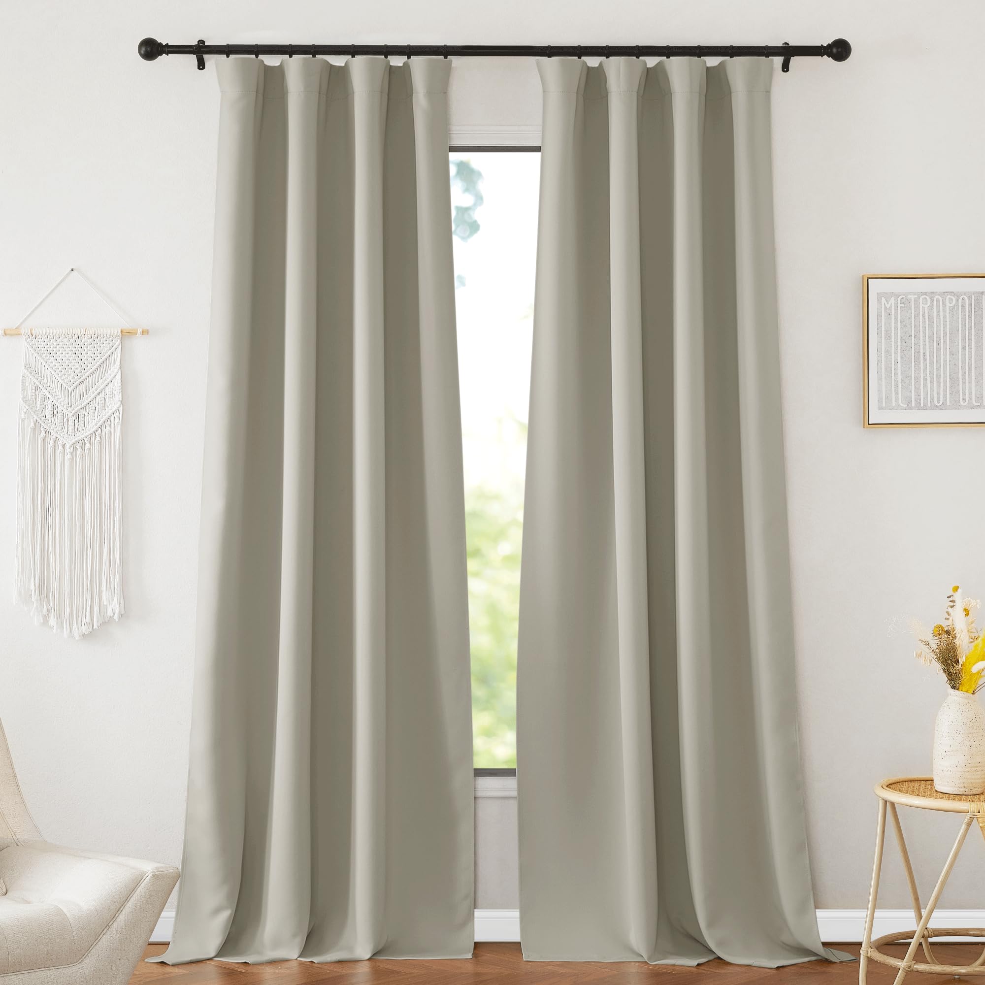 NICETOWN Natural Curtains 108" Length for Living Room, Room Darkening Drapes Thermal Insulated Luxury and Thick Window Ceiling Panels for Farmhouse Family Room, 52" Wide, 2 PCs