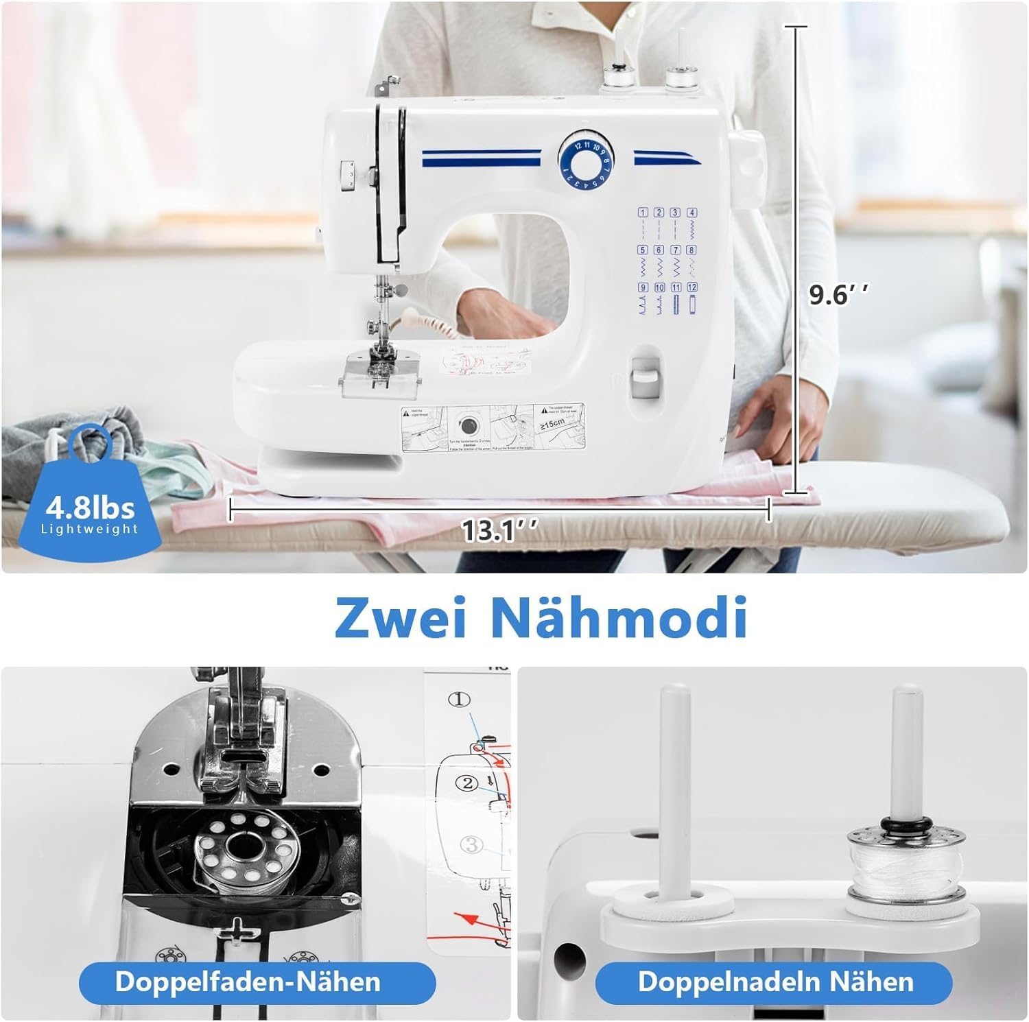Maquina Coser Electrica, 12 Programas de Puntada, Mini Máquina de Coser Portátil para Infantil con Pedal y Luz LED, Fácil de Operar para Principiantes y Adultos