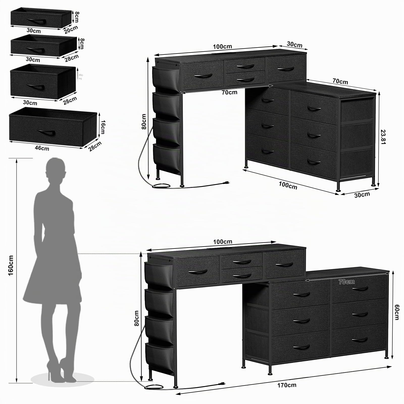 Cómoda de 170 cm con estación de carga y luz LED, mesa de tocador giratoria con 10 cajones de tela y bolsillos laterales, mesa de maquillaje moderna para oficina en casa, gris negro