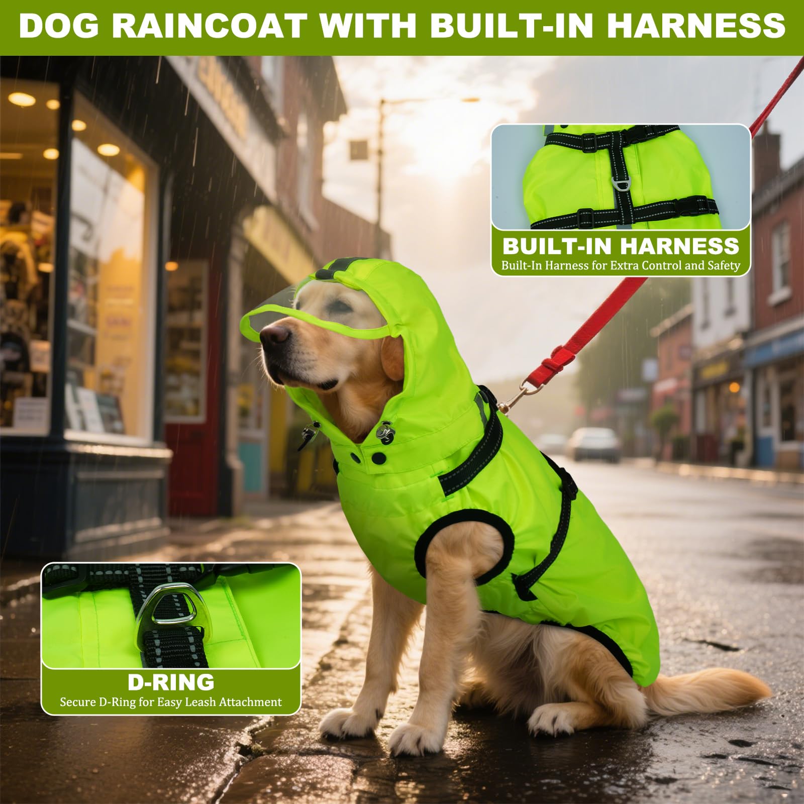 Hunde-Regenmantel XXL, wasserdichte Hunde-Regenmäntel für große Hunde mit verstellbarem integriertem Geschirr und Reißverschluss hinten, reflektierender Streifen, abnehmbare Kapuze, für