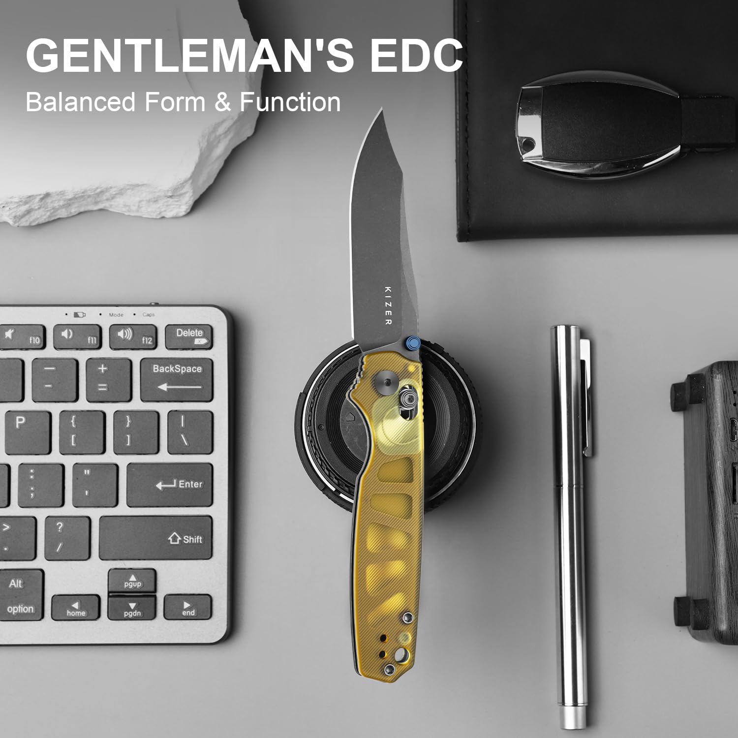Kizer Pokiman CC Taschenmesser 8 cm Clip Point AEB-L Klinge Klappmesser Gelber PEI Griff Daumenknopf EDC Messer