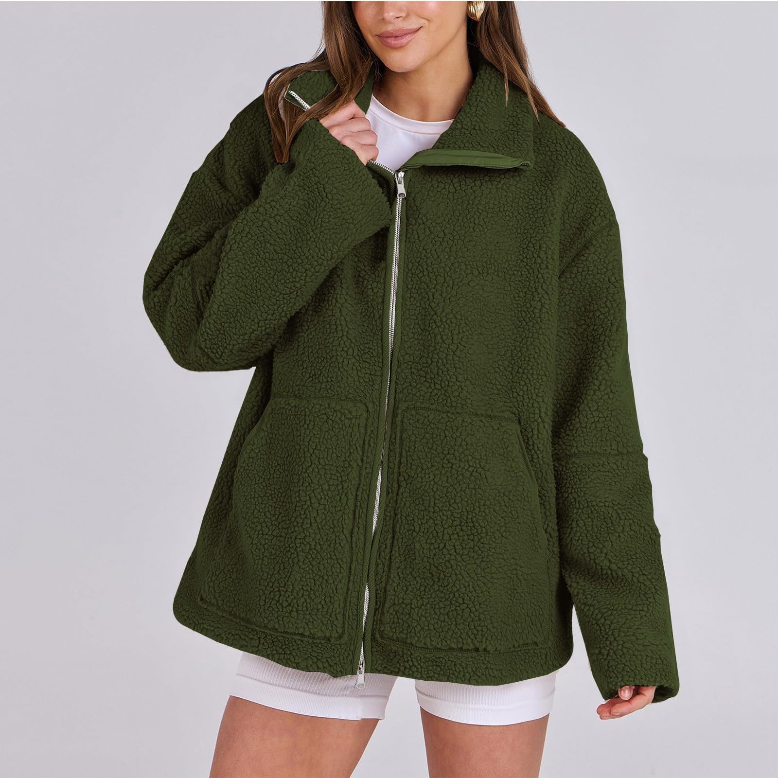 Generisch Fleecejacke Damen Ohne Kapuze Winterjacke Elegant Teddyjacke Winter Warm Plüschjacke Einfarbig Plüschmantel Langarm Flauschjacke Mit Taschen Jacke Mit Reissverschluss Damenjacken Kuschelig