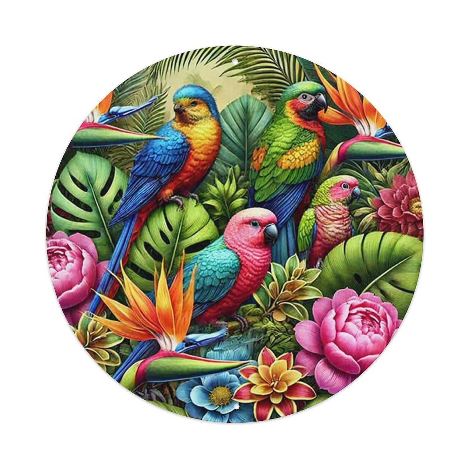 Tropical Birds And Flowers Pattern Retro Metal Sign Round Tin Sign, Vintage Decor Art Poster for Bar, Home, Man Cave, Kitchen, Laundry Room Gift 8x8Inch