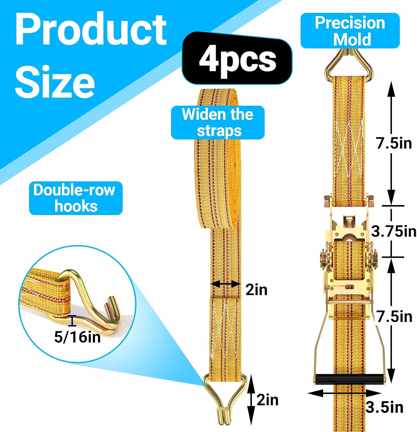 4Pack Heavy Duty Ratchet Straps, 2” 32Ft Ratchet Tie Down Strap, Tie Down Ratcheting with Double J Hook, 4000 LB Break Strength Cargo Straps Ratcheting for Moving Cargo, Lawn Equipment and Motorcycles - Image 2
