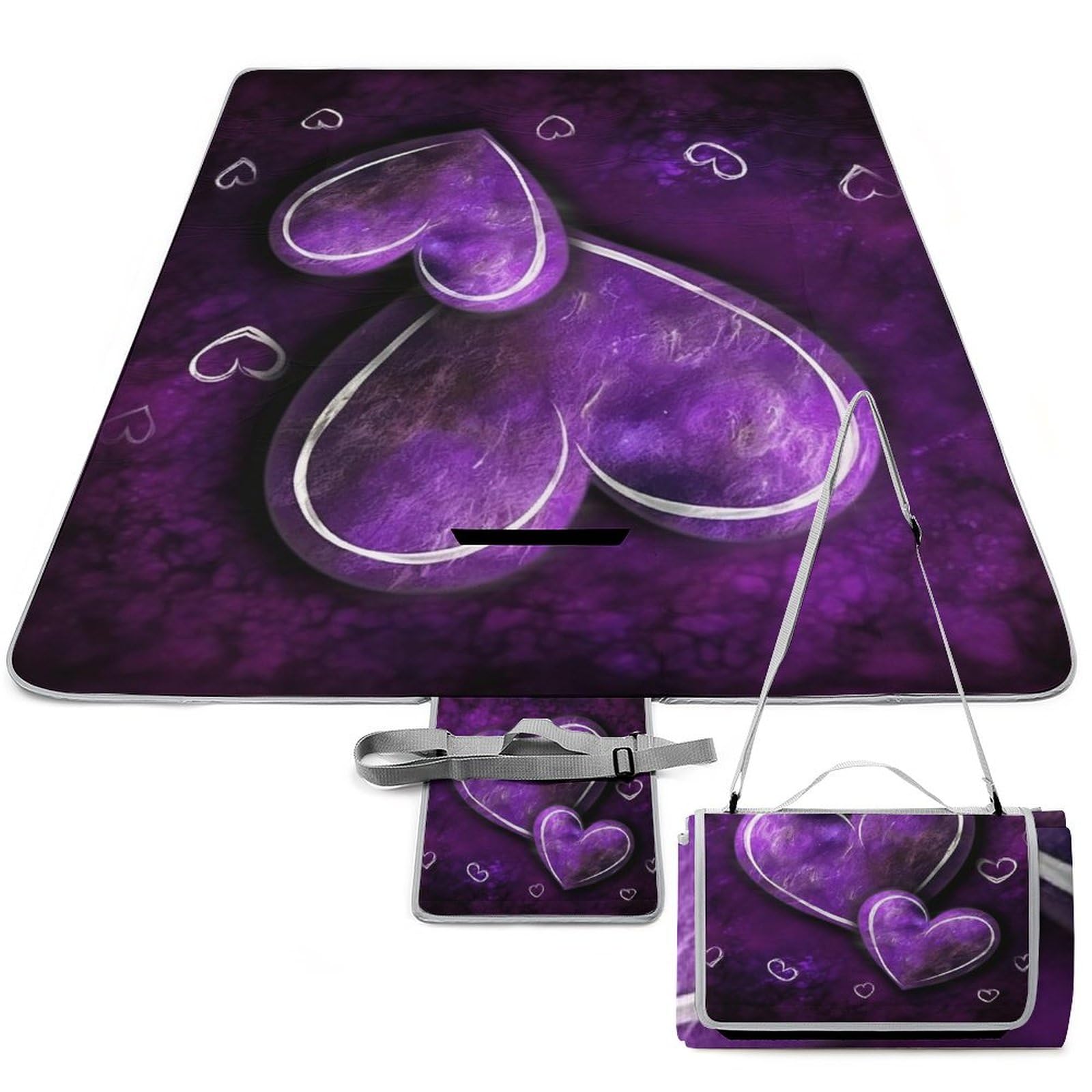 Tappetino da picnic con cuori viola, tappetino pieghevole impermeabile con borsa tote grande tappetino da picnic all'aperto 147,3 x 147,3 cm coperta da campeggio per spiaggia, parco, viaggi