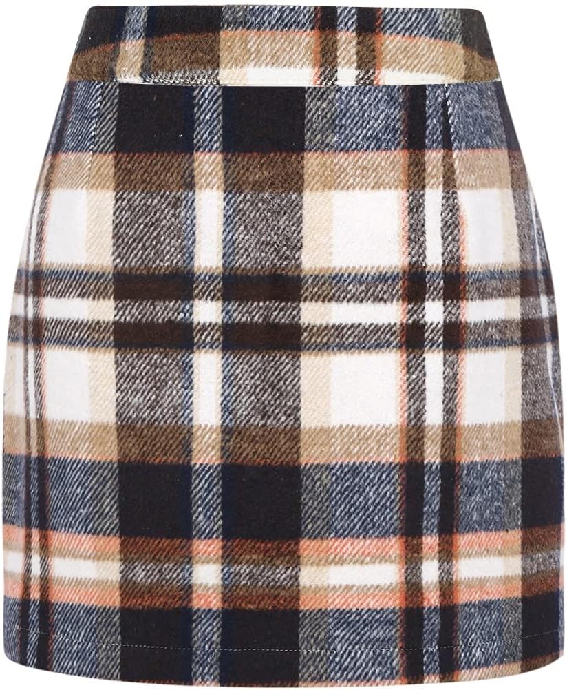IDEALSANXUN Womens Plaid Mini Skirt Fall Winter High Elastic Waist Short Pencil Skirt