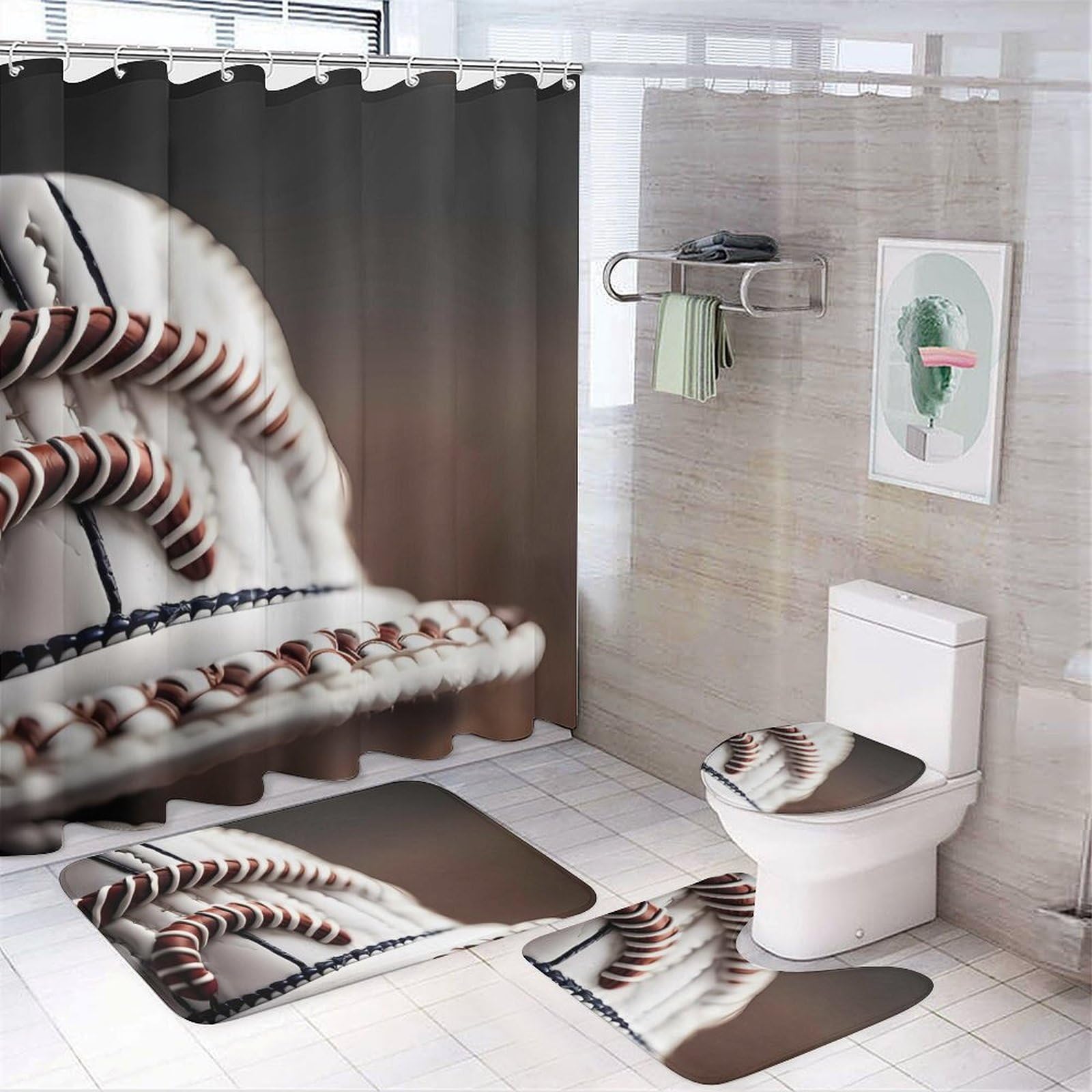 Tapis de douche baseball antidérapant avec rideau de toilette imperméable en polaire