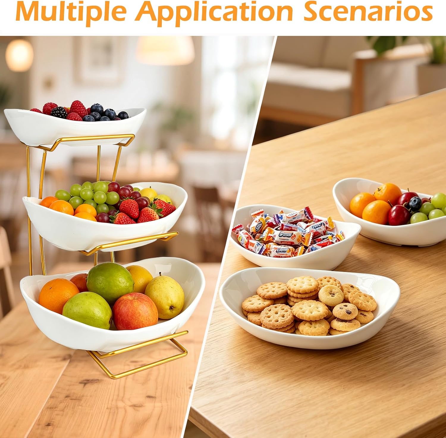 3-Tier Ceramic Fruit Bowl for Kitchen Counter, Fruit Basket with Metal Rack