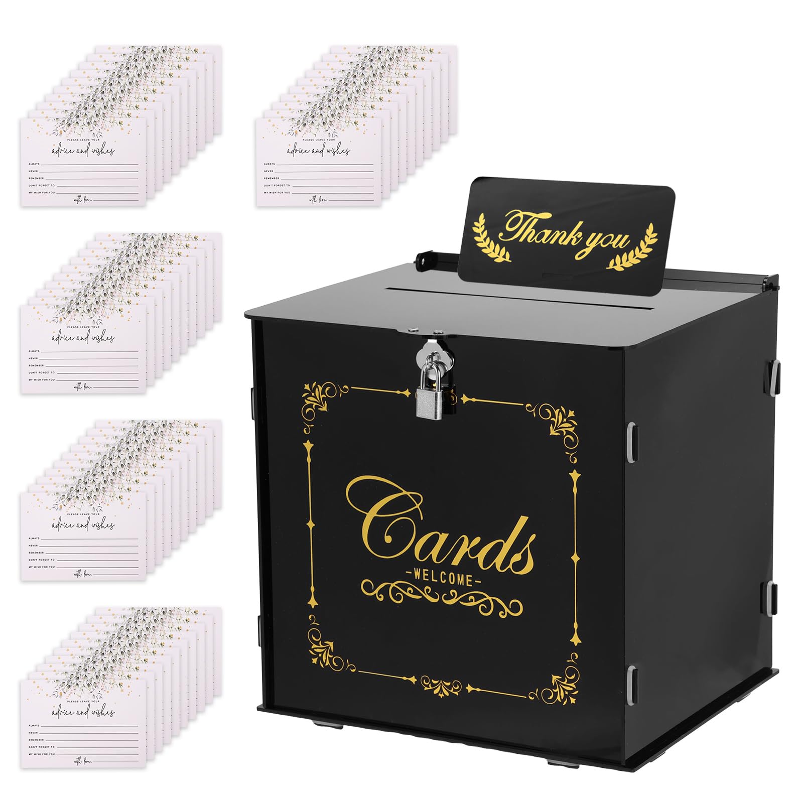 Nihuifdpy Black Wedding Card Box With Lock, Acrylic Money Envelope Wedding Post Box For Cards With 1Pcs Thank You Stand And 50Pcs Blessing Cards, Gift Card Boxs For Reception & Party Baby Shower Birthday