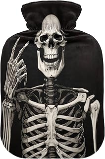 Wajiw Hot Water Bottle with Cover 1L Warm Water Bottle for Hot and Cold Compress Hot and Cold Therapies,Hand Feet Warmer,Halloween Skeleton