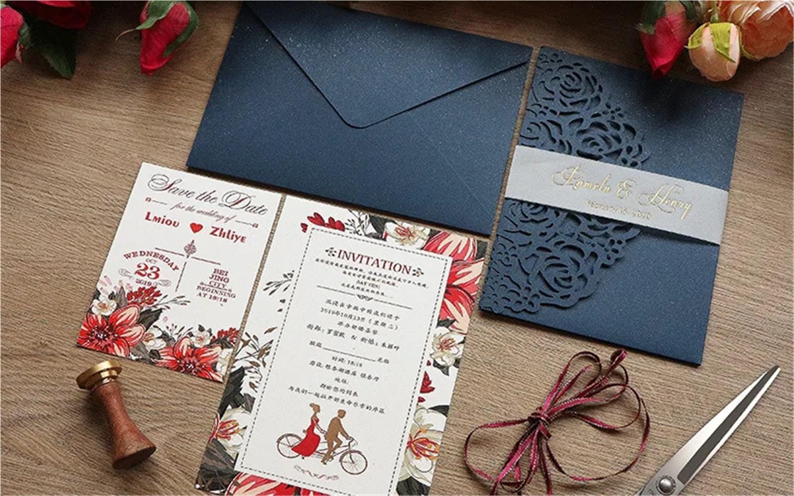 10 Piezas de Tarjetas de invitación de Boda con láser en Color Rojo y Rosa for Fiesta de cumpleaños(Pink,Whole Set)