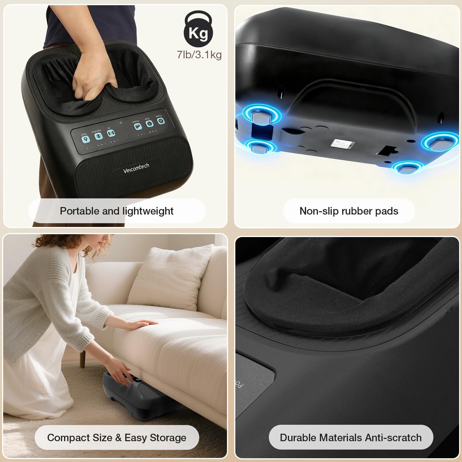 veicomtech Shiatsu Fußmassagegerät mit Wärme, elektrisches Massagegerät für Plantarfasziitis Neuropathie mit Fernbedienung, Vibration und Kompression einstellbar (schwarz)