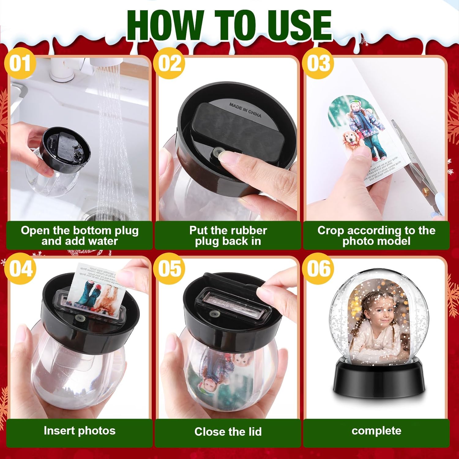 Suzile 12 Pcs Christmas Photo Snow Globe 4.3 Inch Christmas Clear Plastic Water Globe Double Sided Picture Display Snow Globes Photo Frame for Home Xmas Holiday DIY Crafts Gift (Black,Red,Blue)