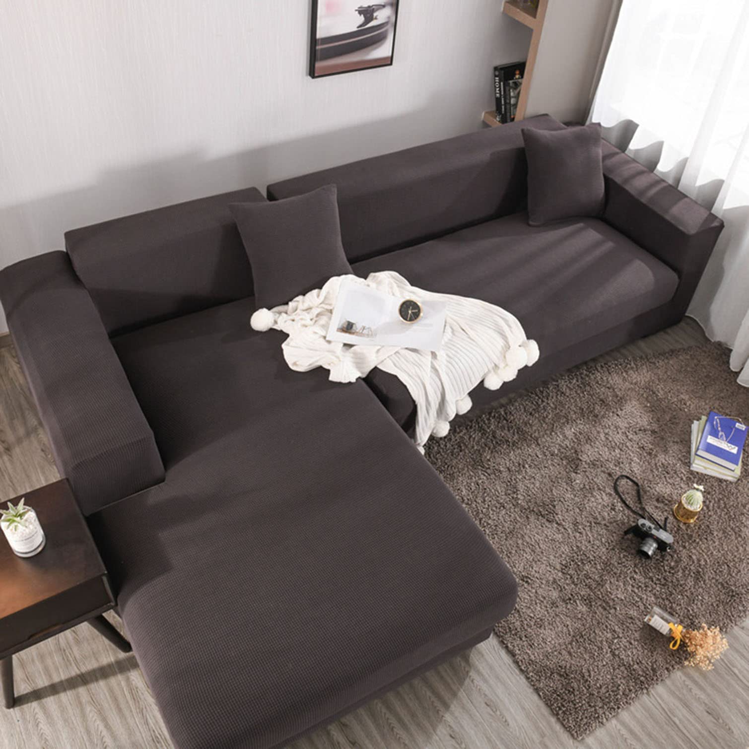 Housse canapé d'angle en L marron 4+4 places extensible avec maintien antidérapant fixe