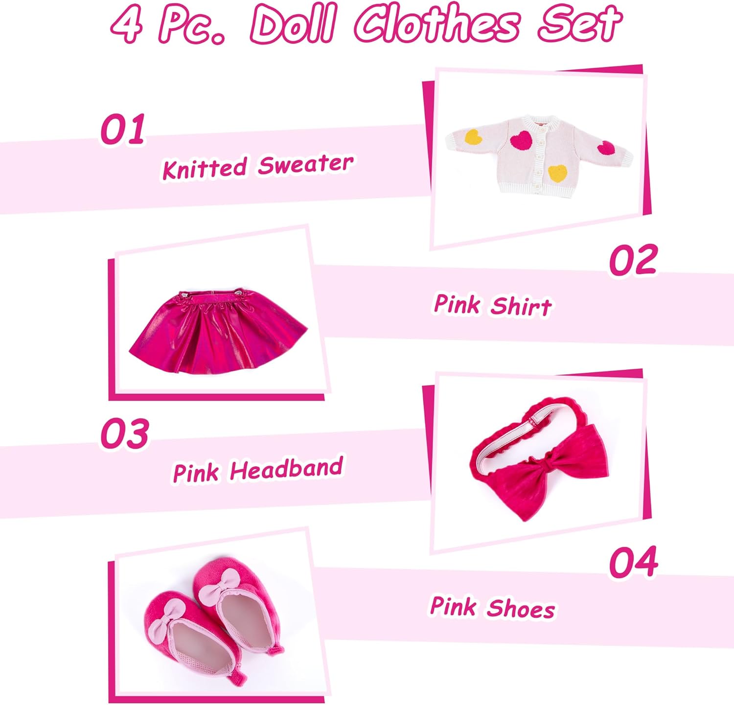 Rakki Dolli Doll Clothes Accessories 4 Pcs Set, Knit Sweater Jacket & Pink Skirt & Headband & Shoes, Fashionable Dress Set for 18" Girl Dolls (Doll Not Included)