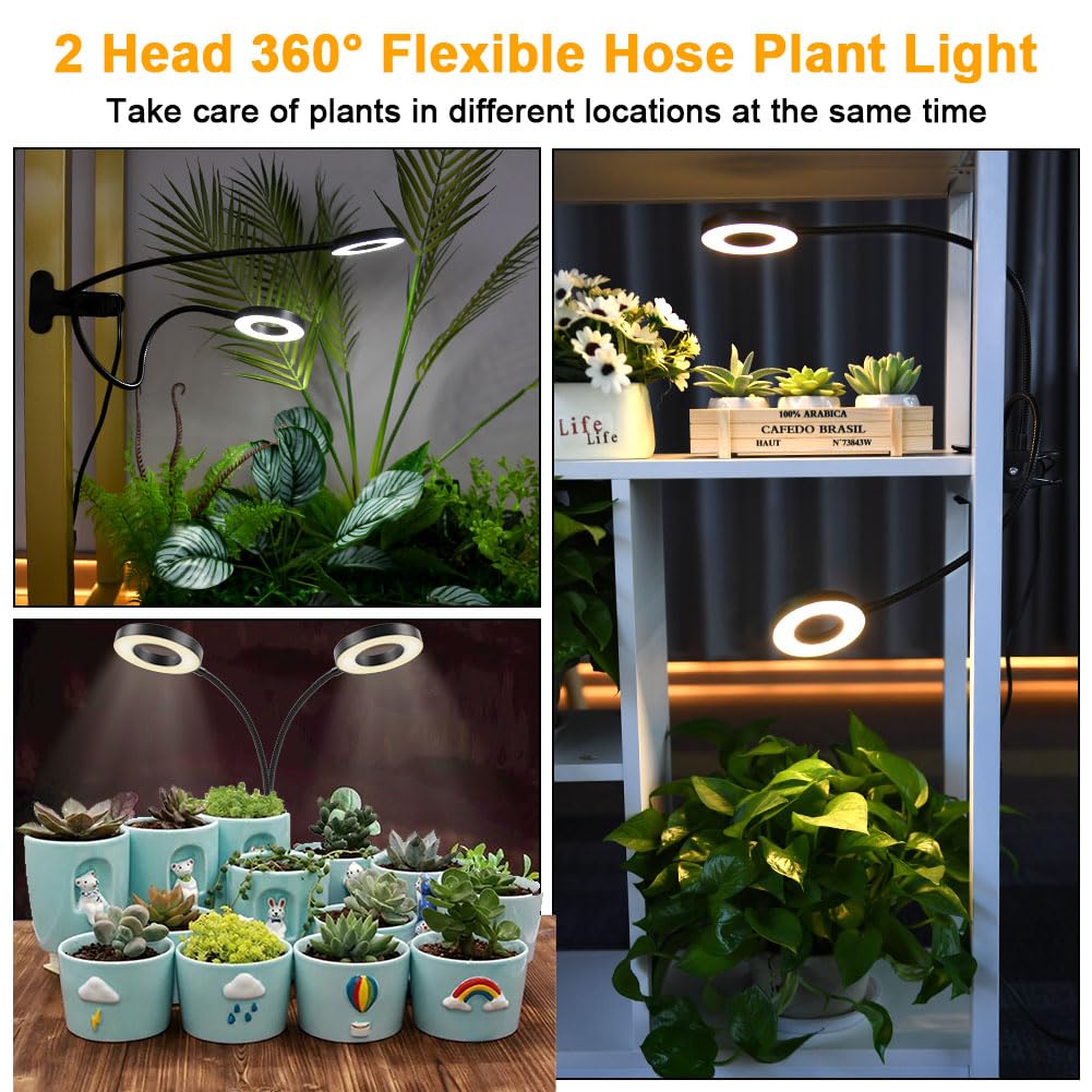 Luce Di Crescita A Doppia Testa Con Timer - 96 LED Regolabili Per Piante Da Interno, Collo Flessibile 360&deg;