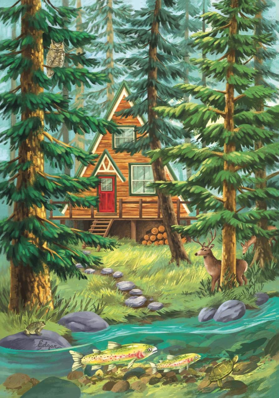Cozy Cottage Jigsaw Puzzle with a Mountain Forest Scene Featuring Lots of Animals Around The Cabin and a Lake with Fish - 1,000 Piece for Adults