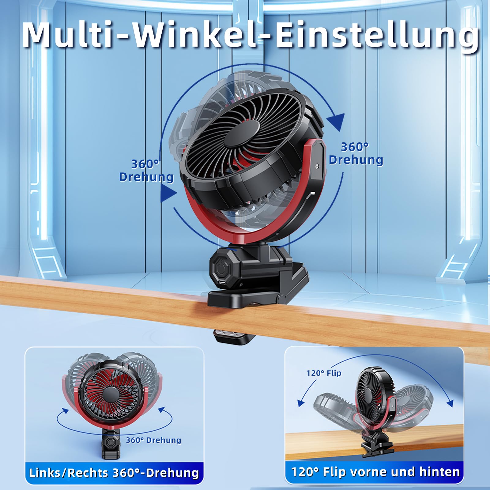 Auto Clip Ventilator,USB C Leise Fan Portable Klein Klemmventilator,360° Verstellbar 3 Stufen Stark Auto Lüfter für Car, SUV, PKW, LKW, Wohnmobil, Pickup, Van Autositz Ventilatoren(Schwarz)
