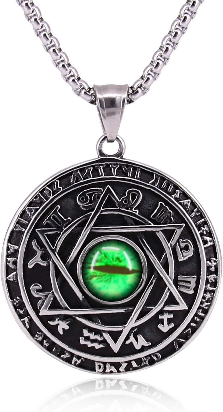 Qisheng Men's Stainless Steel Hexagram Cat Dragon Evil Eye Solomon Pendant Amulet Necklace,23 Inch Chain (Green)