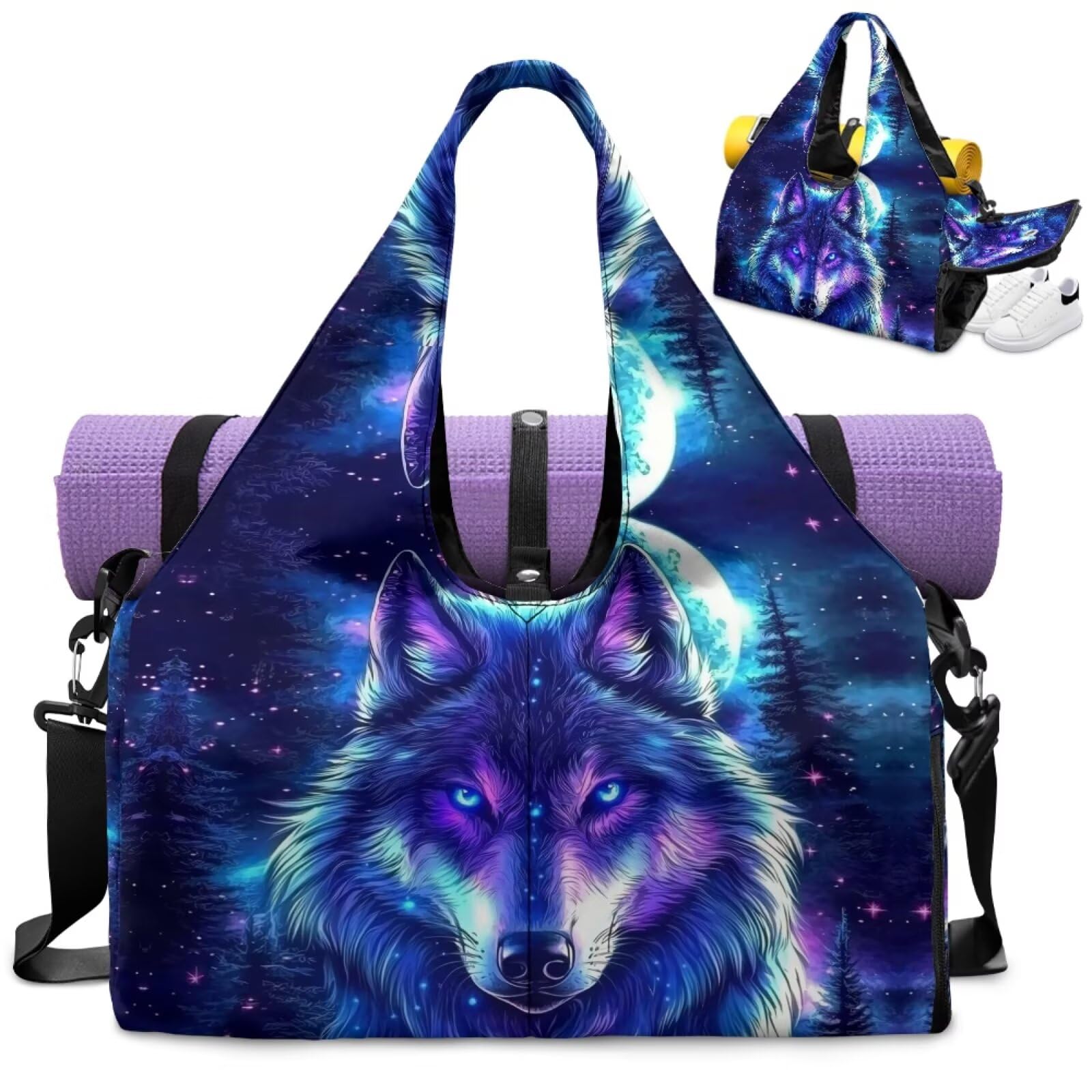 Dngkaoje Animals Wolf Yoga Gym Bags for Women with Shoes Compartment Yoga Bags and Carriers Fits All Your Stuff Starry Night Wolf Gym Bag with Mat Holder Yogas Accessories for Women