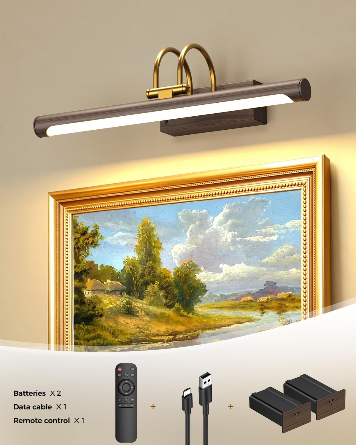 Picture Light,15.7″ Wireless Battery Operated Rechargeable LED Wall Light with Remote,Dimmable Art Light with Timer,Adjustable Design,Wood Grain and Gold Finish for Frames,Paintings and Bedroom Decor