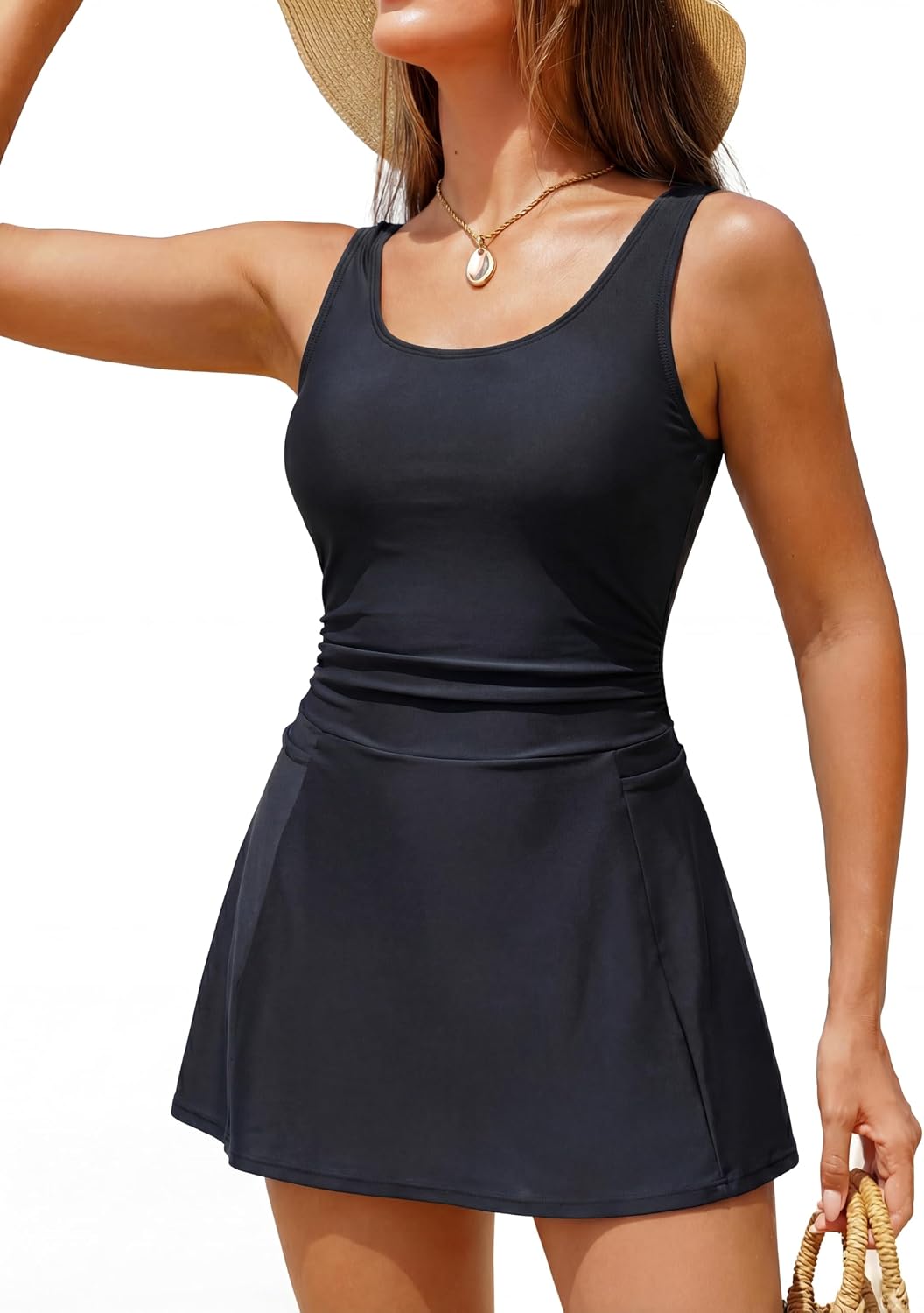Smismivo Women's Modest One Piece Swim Dress, Full Coverage Tummy Control Bathing Suit with Pocket for Beach & Pool