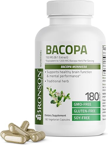 Bronson Bacopa apoya la función cerebral saludable y el rendimiento mental, hierba tradicional, sin OGM, 180 cápsulas vegetarianas