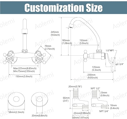 Miniatura 5 de Aolemi Grifo de cocina de montaje en pared, centro de 6 pulgadas con caño giratorio, extensión ajustable, 2 manijas cruzadas, lavabo, mezclador,