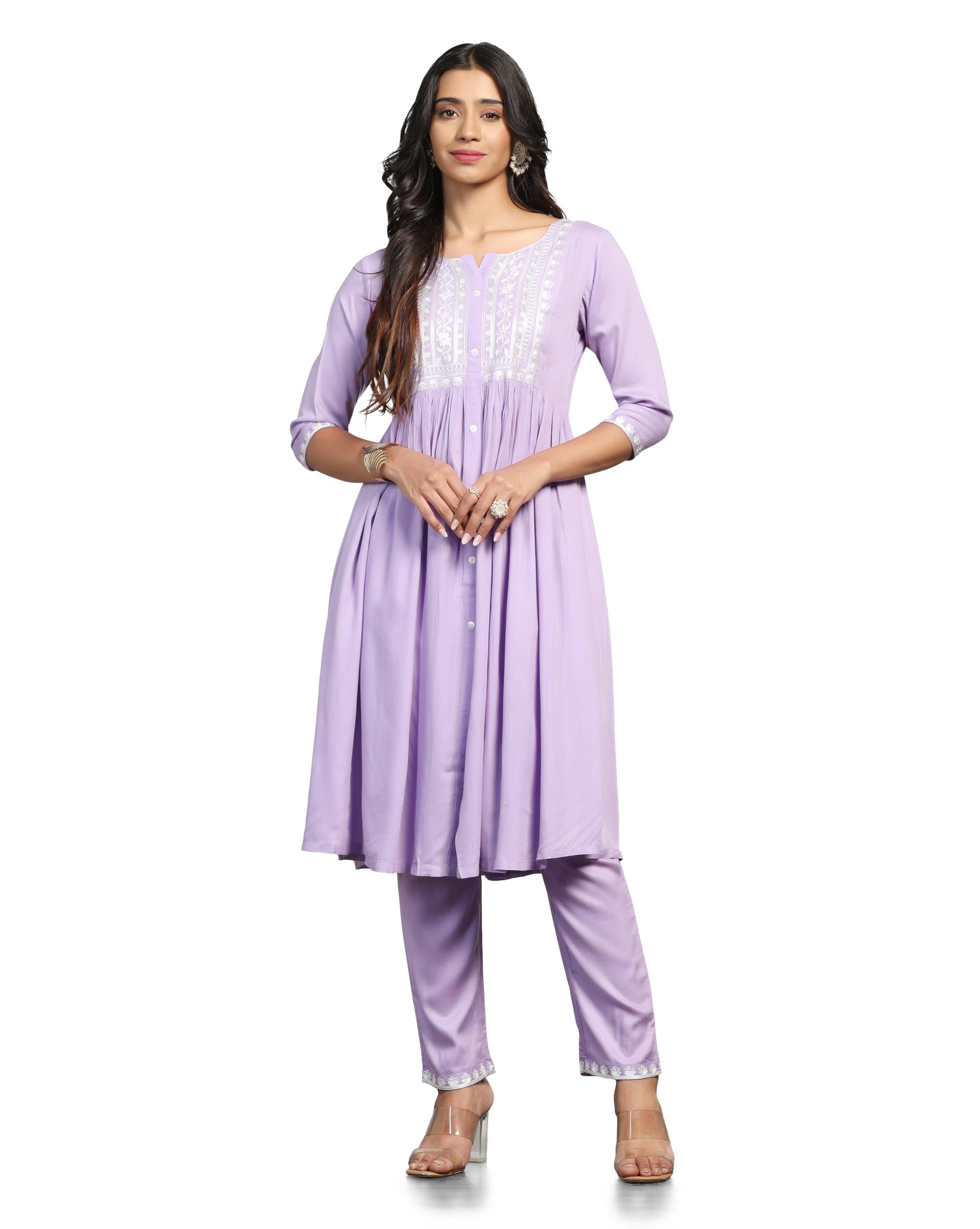 Tadkee Women's Naira Cut Kurta With Pant (Fn-Naira-Cut-Flower-Pair-102-Purple-Xl)