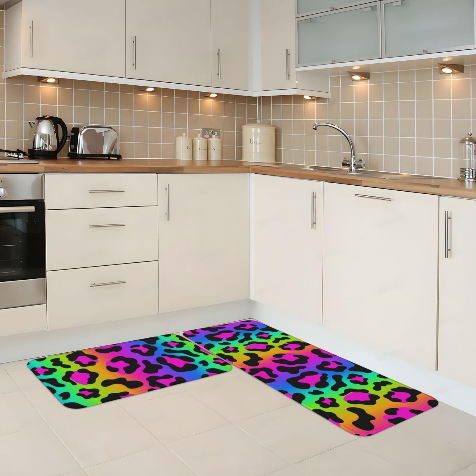 GVYGVY Antifatigue Kitchen Mats for Floor 2 Piece - Rainbow Leopard Bright Print Kitchen Rugs Washable, Non Slip Runner Rug Standing Mat for Office/Bathroom/Laundry/Home Decor and Accessories
